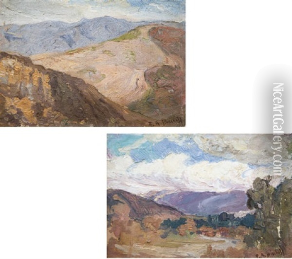 Hilly Landscape (+ Cloudy Day; 2 Works) Oil Painting - Franz Arthur Bischoff