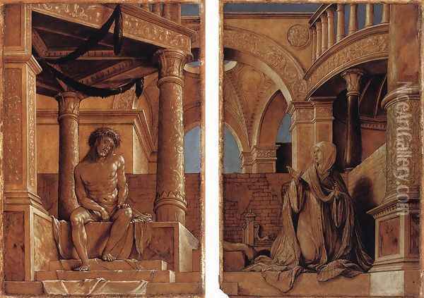 Diptych with Christ and the Mater Dolorosa c. 1520 Oil Painting - Hans Holbein the Younger
