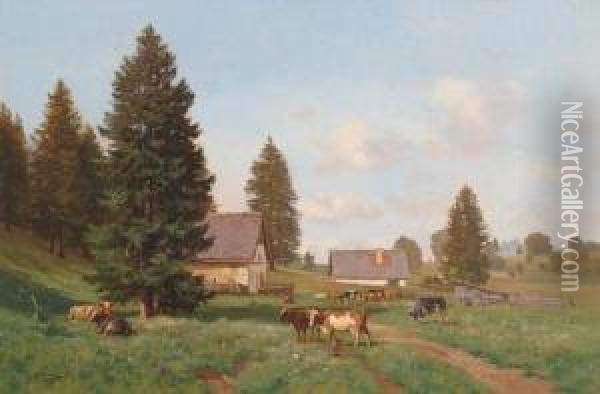 Paysage Avec Troupeau De Vaches. 1888 Oil Painting - Fritz Edouard Huguenin-Lassauguette