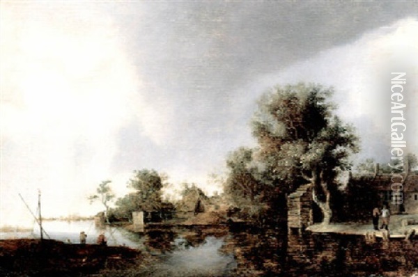 Flusslandschaft Mit Bauernhausern Und Anglern Oil Painting - Pieter de Neyn