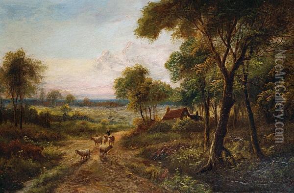 A Shepherd And His Flock On A Countrylane Oil Painting - Etty Horton