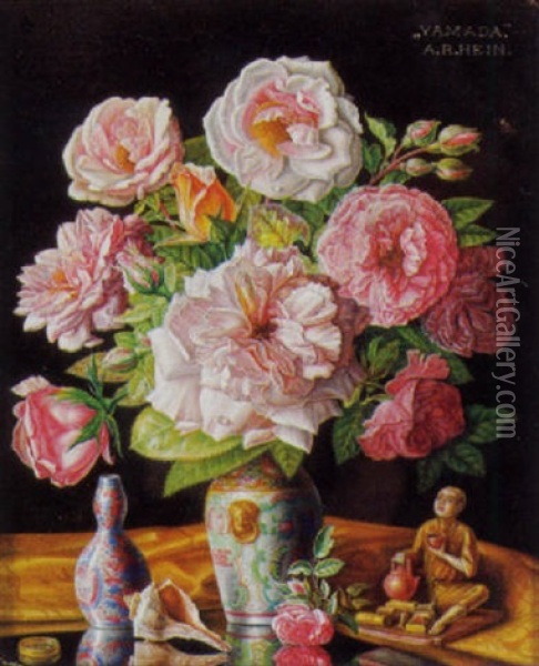 Stilleben Mit Rosen Und Asiatischem Dekor Vor Dunklem Hintergrund Oil Painting - Alois Raimund Hein