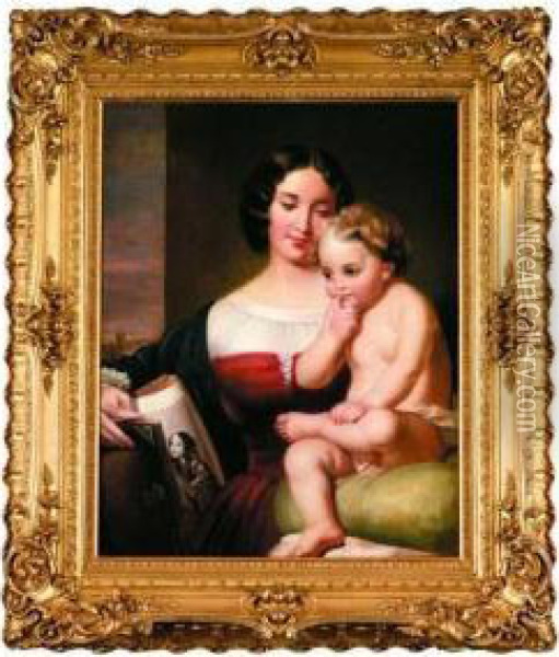 Portrait Of A Member Of The Mann Family With Child, Circa1850 Oil Painting - Henry Willard