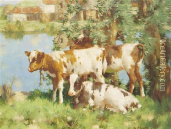 Calves By A River Oil Painting - David Gauld