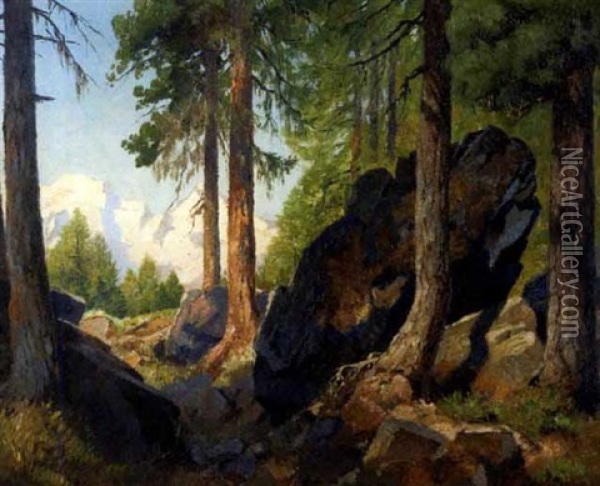 Felsiger Hochwald Mit Blick Auf Schneebedeckte Berge Oil Painting - Eduard Freiherr von Handel-Mazetti