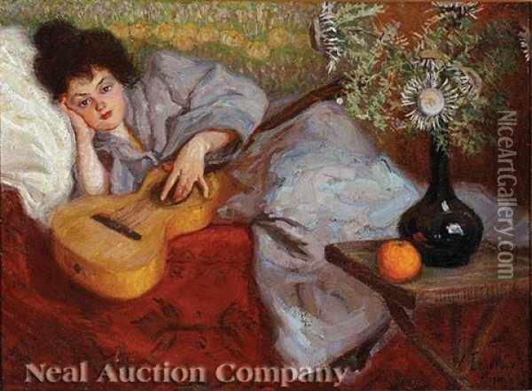 Portrait Of A Reclining Lady With Guitar (+ Lady (sketch), Verso; 2 Works) Oil Painting - Raphaeel Leon Leguilloux