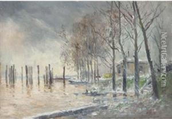 Barges A Charleroi; And Un Estuaire Oil Painting - Pierre Vauthier