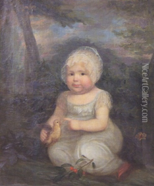 Portrait Of A Baby In White Cap, Dress And Red Shoes Oil Painting - John Wesley Jarvis
