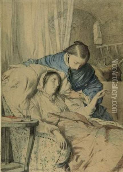 Der Krankenbesuch. 1859 Oil Painting - Julius Scholtz