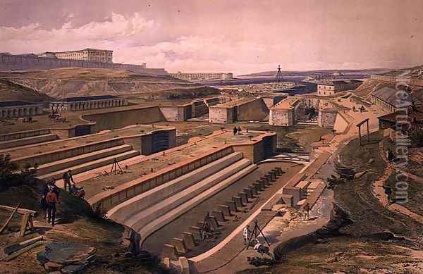 Docks at Sebastopol, plate from The Seat of War in the East, pub. by Paul and Dominic Colnaghi and Co., 1856 Oil Painting - William Simpson