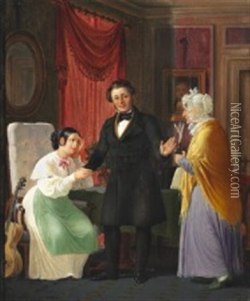 Interior With Three Persons Oil Painting - Wilhelm Nicolai Marstrand