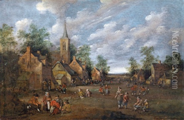 Belebter Dorfweiler Mit Einer Kirche Oil Painting - Cornelis Droochsloot