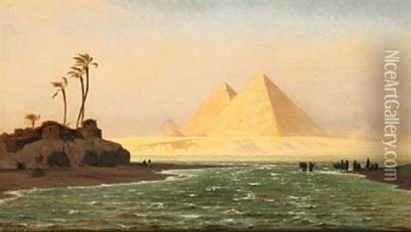 Pyramiderne Ved Gizeh; Orkenvinden Chamsin Blaeser Oil Painting - Carl Johann Neumann