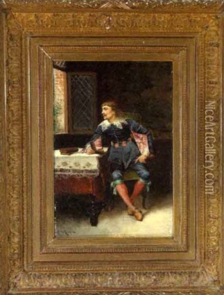 A Cavalier Reading Near A Window Oil Painting - Louis Claude Mouchot