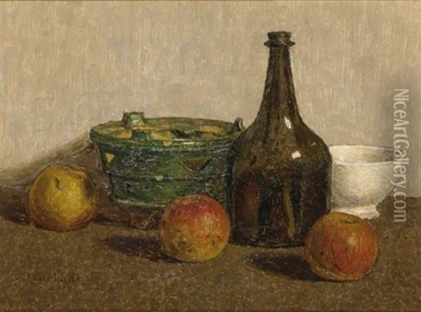 A Still Life With Apples, A Bottle And Earthenware Oil Painting - Jan Carbaat