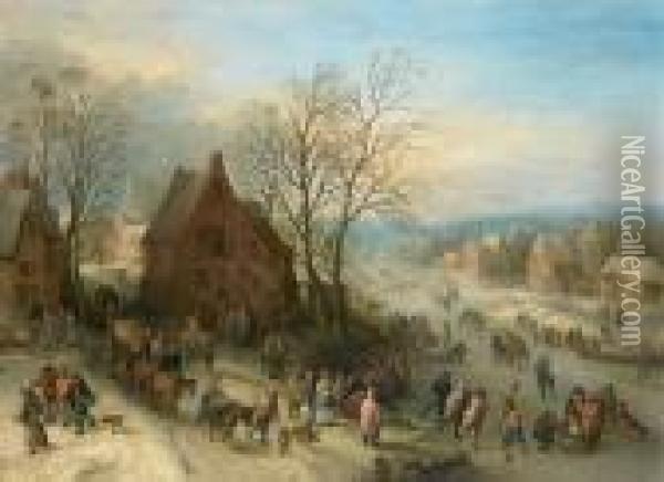 A Winter Landscape With Figures Skating On A Frozen River Oil Painting - Theobald Michau