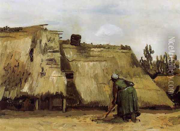 Cottage with Woman Digging Oil Painting - Vincent Van Gogh