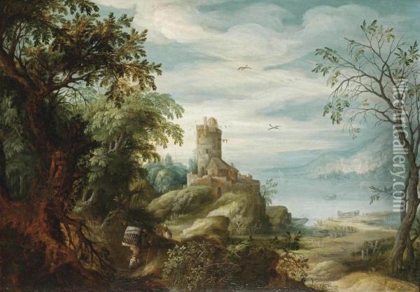 A Mountainous River Landscape With Faggot Gatherers At The Edge Of A Forest Oil Painting - Abraham Govaerts