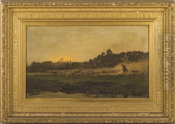 Landscape With Shepherd And Flock At Sunset Oil Painting - Alexandre Rene Veron