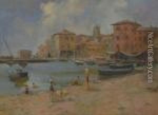 Marina Con Barche E Bagnanti Oil Painting - Giuseppe Pennasilico