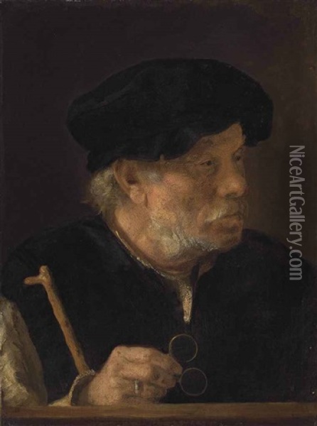A Man, Bust-length, Holding A Cane And His Spectacles, By A Wooden Ledge Oil Painting - Karel van der Pluym