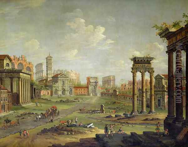 The Campo Vaccino Rome Looking Towards St Francesca Romana and the Arch of Titus from the Temple of Saturn Oil Painting - Antonio Joli