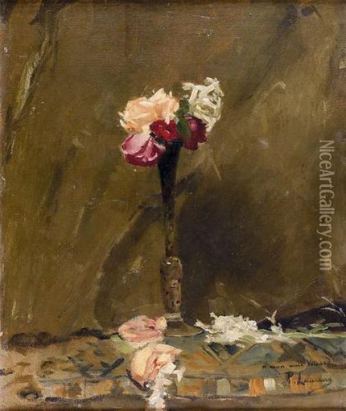 Stillleben Mit Rose In Schlanker Vase. Oil Painting - Paul-Albert Laurens
