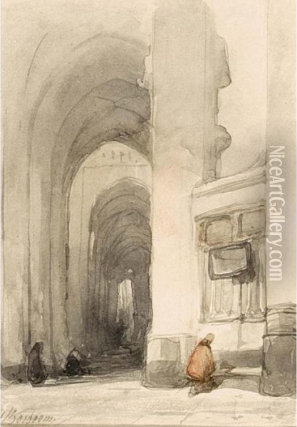 Church Interior With Firgures Praying Oil Painting - Johannes Bosboom