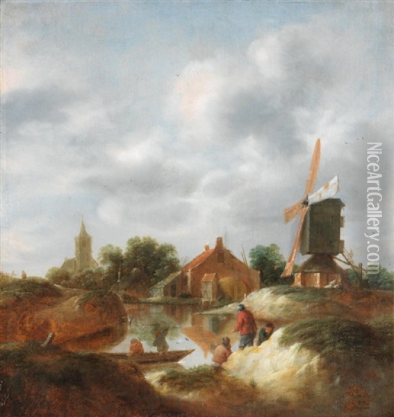 A Riverside Village With A Windmill Oil Painting - Nicolaes Molenaer
