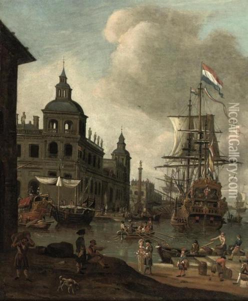 A 'capriccio' View Of A Mediterranean Harbour With A Man O'war Oil Painting - Abraham Storck