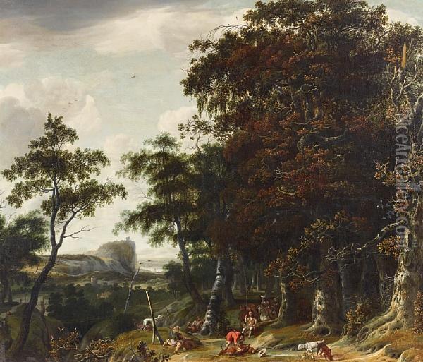 Sportsmen In A Wooded Landscape With A Castle On A Promontory In The Distance Oil Painting - Jan Looten