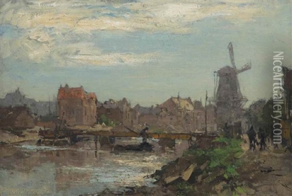 A Town View With A Windmill And A Drawbridge Oil Painting - Johan Hendrik van Mastenbroek