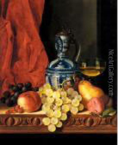 Still Life With Grapes, A Peach,
 Plums And A Pear On A Table With A Wine Glass And A Flask Oil Painting - Edward Ladell