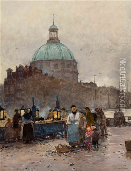 Evening Market On The Singel, Near The Lutheran Church In Amsterdam Oil Painting - Hans Herrmann