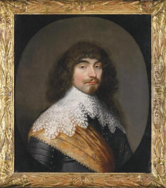 Portrait Of An Officer, 
Bust-length, In Armour, With An Orange Sash And Lace Collar, In A 
Feigned Oval Oil Painting - Gerrit Van Honthorst