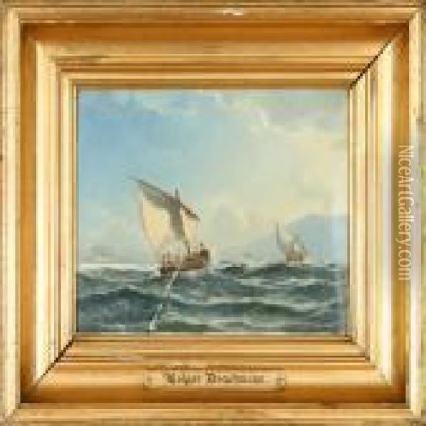 Sailing Boats Of The Italian Coast. Signed Drachmann 1873 Oil Painting - Holger Drachmann