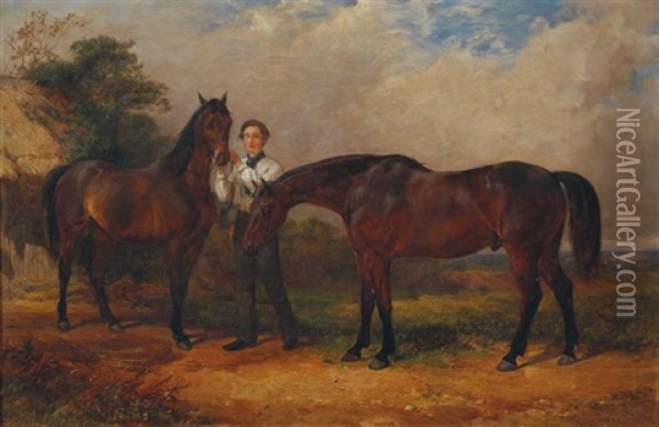 Two Horses And Their Groom Oil Painting - William H. Hopkins