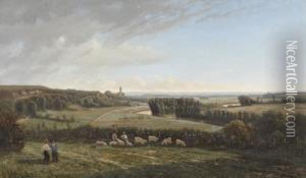 Landschaft Mit Fluss, Dorf Und Figurenstaffage. Oil Painting - Francis Jean Schaeffer