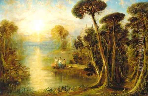 Ladies in a classical river landscape at sunset Oil Painting - Joseph Mallord William Turner