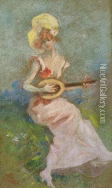 La Jeune Joueuse De Mandoline Oil Painting - Jules Cheret