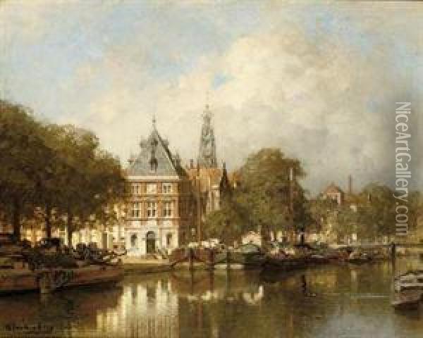 De Waag Aan Het Spaarne Te 
Haarlem: View Of The River Spaarne Withthe Waagtoren Beyond, Haarlem Oil Painting - Johannes Christiaan Karel Klinkenberg
