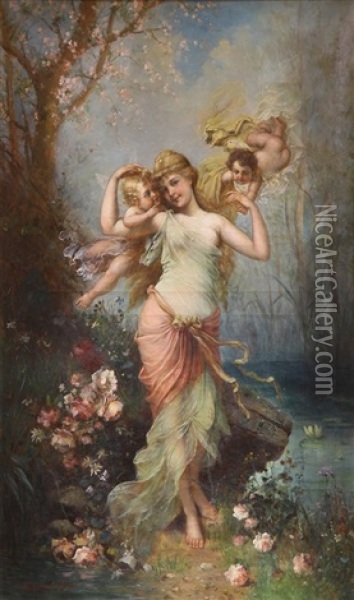 Maiden In A Diaphanous Gown With Cherubs Oil Painting - Eugen von Blaas