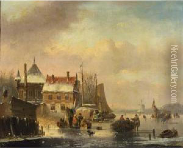 Many Skaters Near A Town On The Waterfront, A Windmill In The Distance Oil Painting - Jacobus Van Der Stok