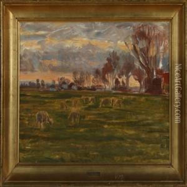 Landscape With Grazing Sheep Oil Painting - Peter Marius Hansen