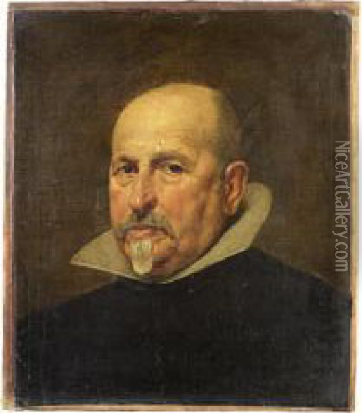 Portrait Of A Gentleman, Bust-length, In A Black Tunic And White Oil Painting - Diego Rodriguez de Silva y Velazquez