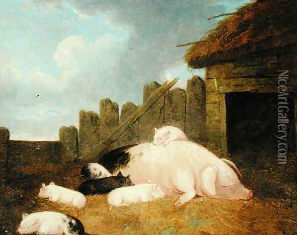Sow with Piglets in the Sty Oil Painting - John Frederick Herring Snr
