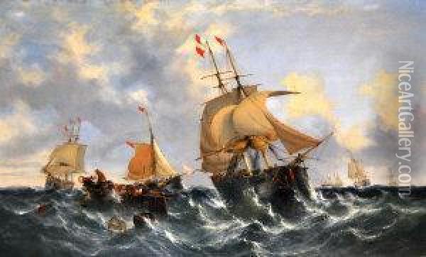 A Twin-masted Brig And Merchant Ships In A Heavy Swell Oil Painting - William Calcott Knell