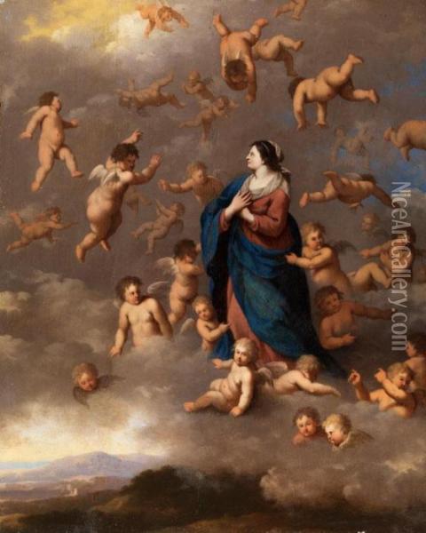 Maria In Wolken Von Engeln Umgeben Oil Painting - Cornelis Van Poelenburch