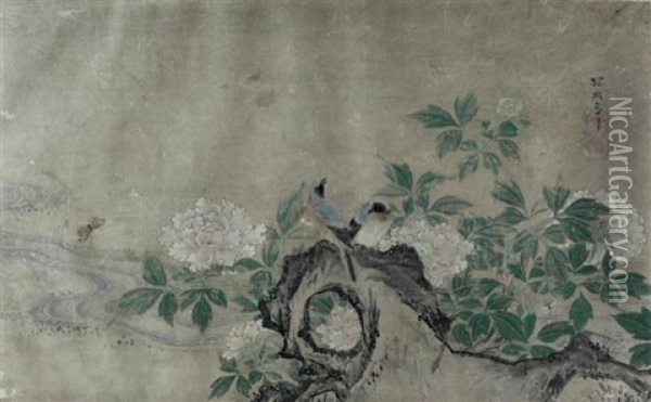Blue Birds On Flowering Peony Oil Painting - Tanyu Kano