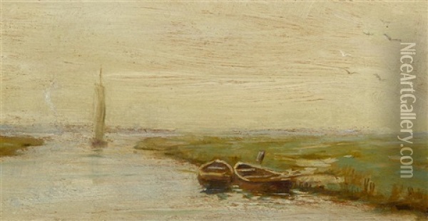 San Pedro Harbor; Boats Along A Marsh (group Of 2) Oil Painting - Granville S. Redmond